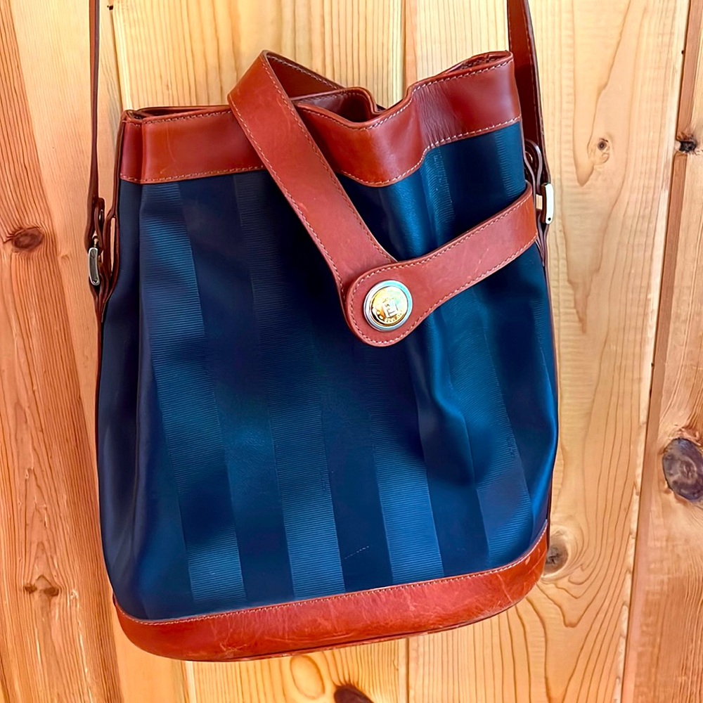 Beautiful vintage Fendi Limited Edition Blue Stripe & Tan Leather Canvas Bag